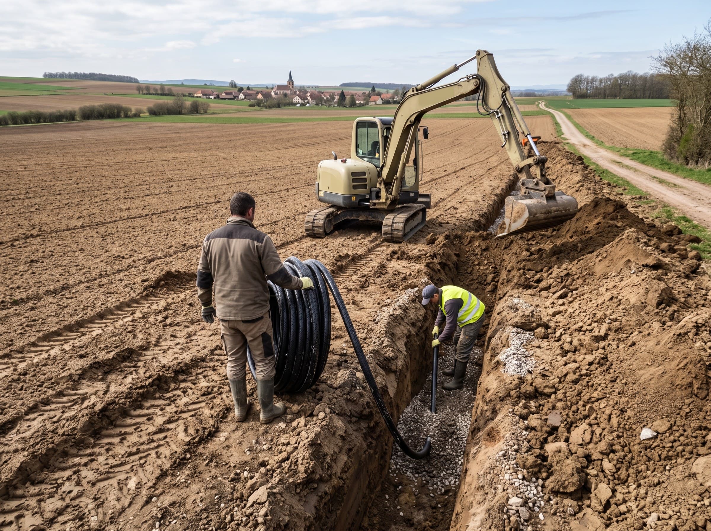 Ouverture de tranchée et raccordement de drains sur une parcelle du Kochersberg