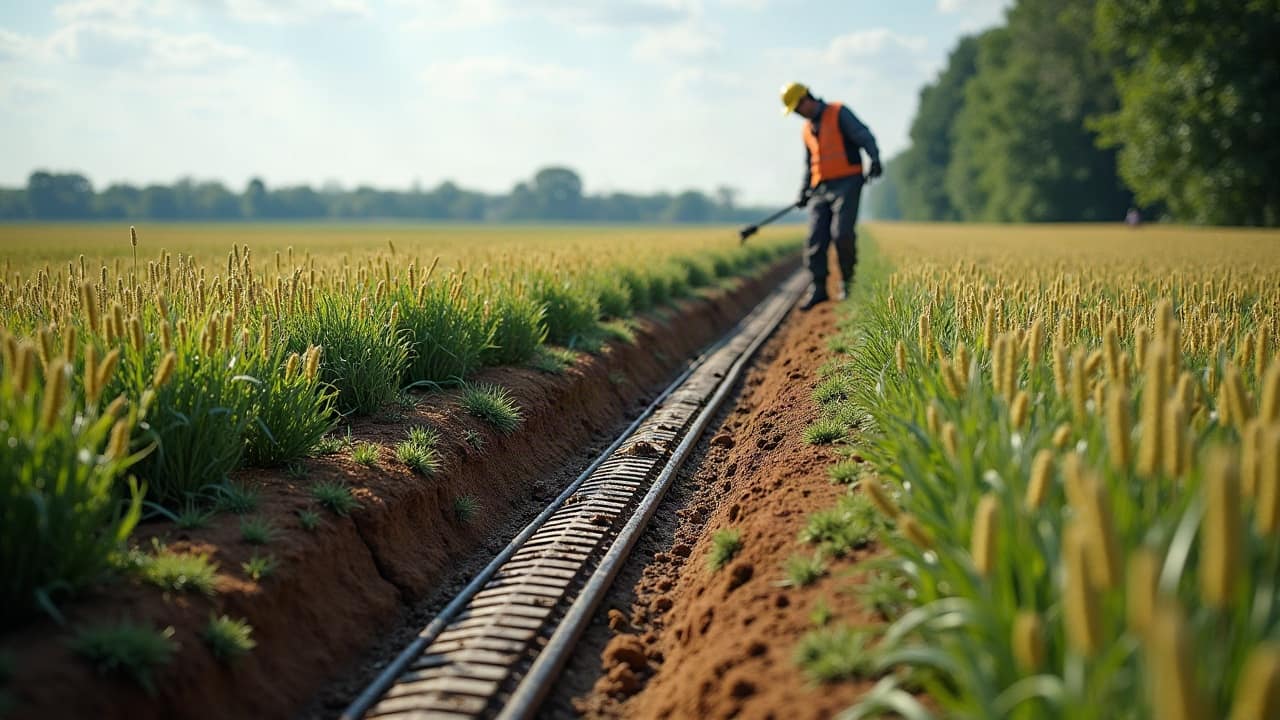 Une tranchée de drainage ouverte laisse voir un lit de gravier prêt à recevoir les drains, avec un tas de tuyaux annelés posé à proximité.