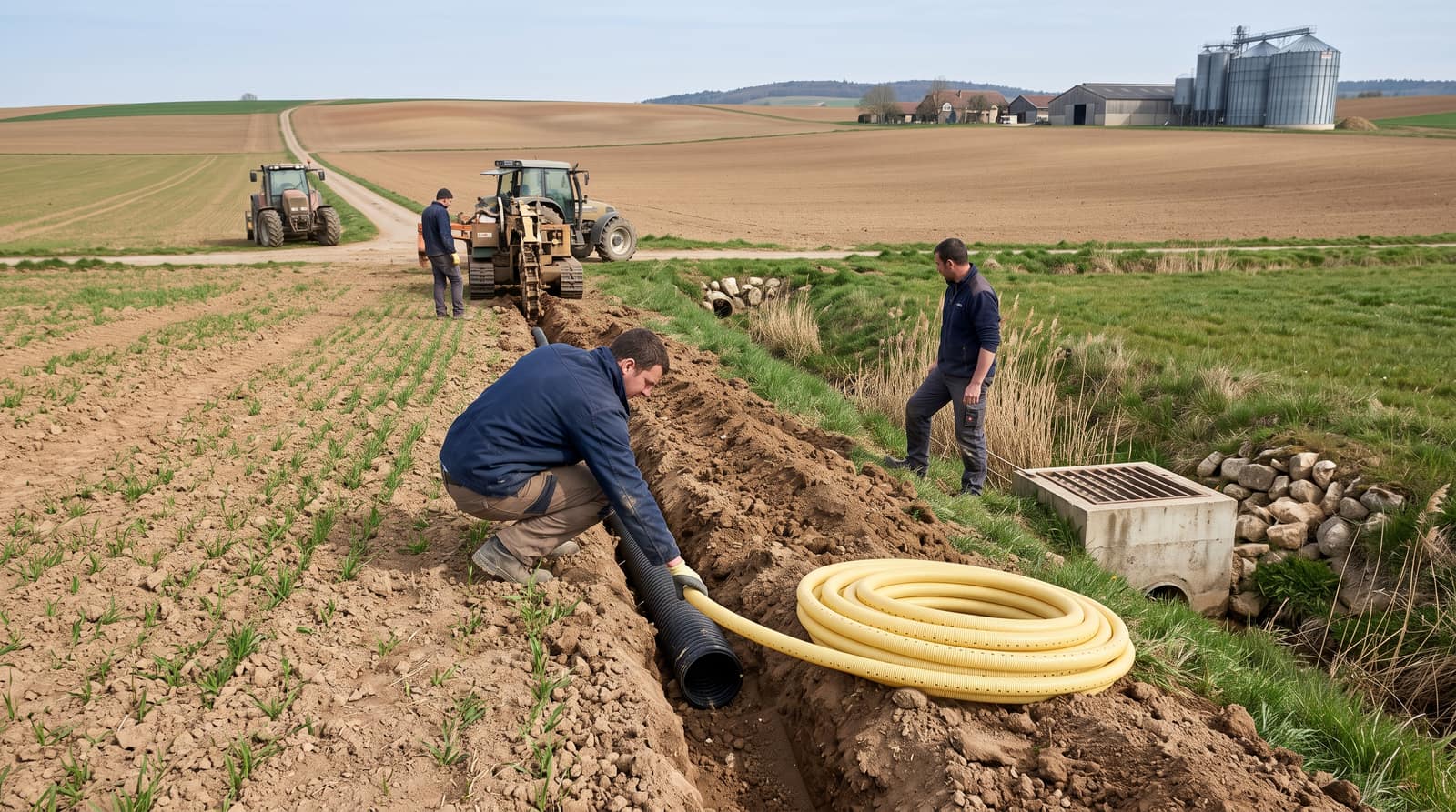 Fossé collecteur servant d'exutoire à un réseau de drainage agricole
