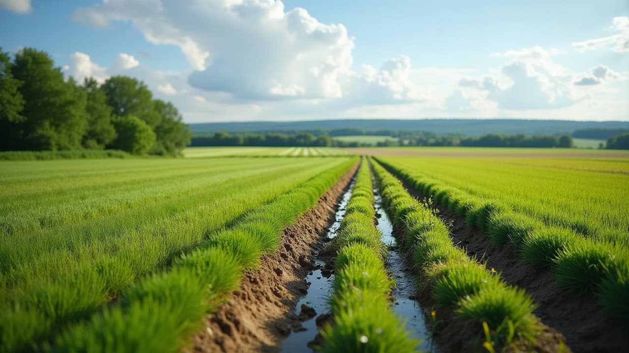 Une parcelle vallonnée du secteur de Battenheim laisse apparaître de légères ondulations de terrain qui orientent le tracé d'un réseau de drains.