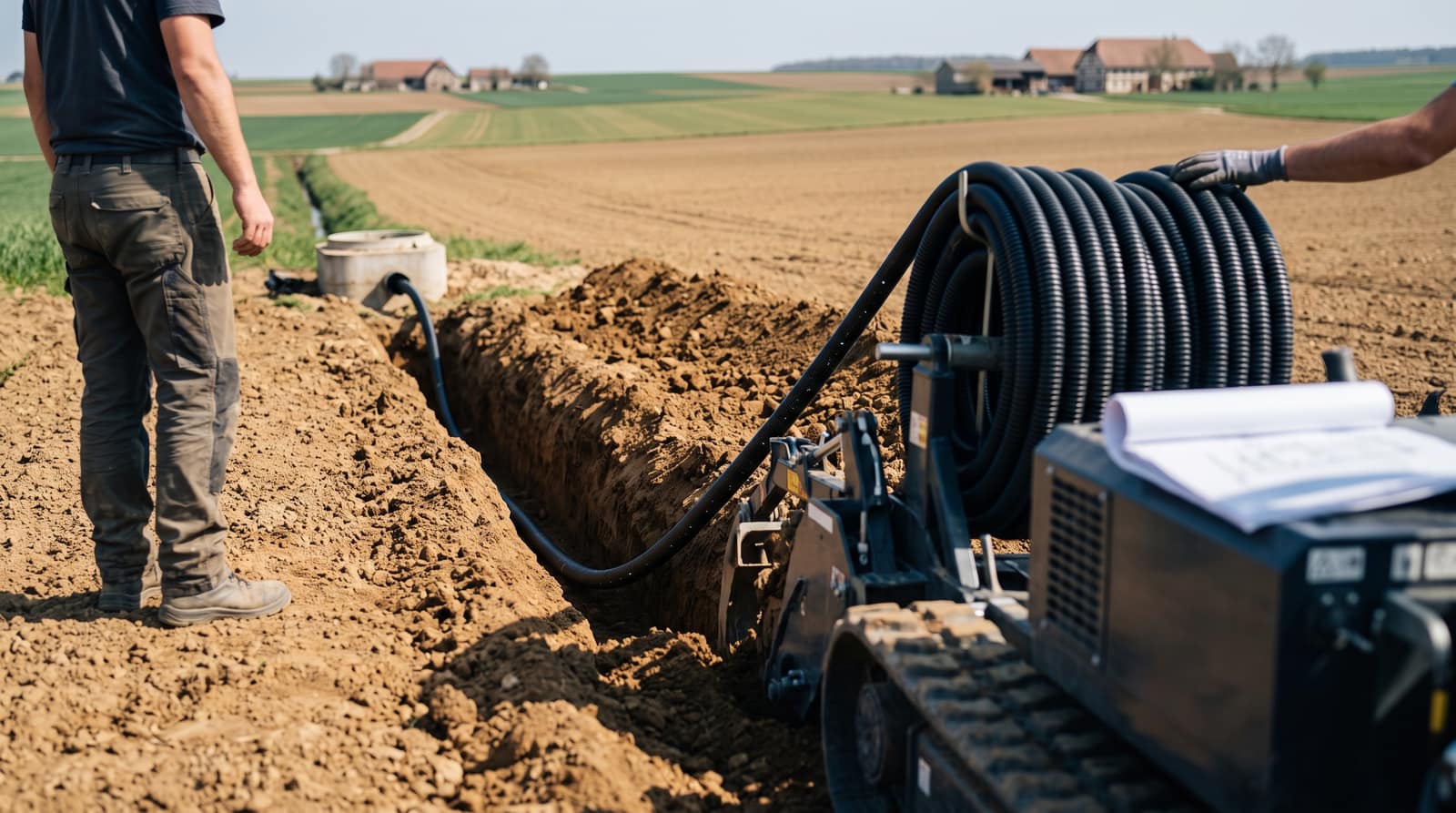 Tranchée ouverte laissant apparaître un drain agricole enterré