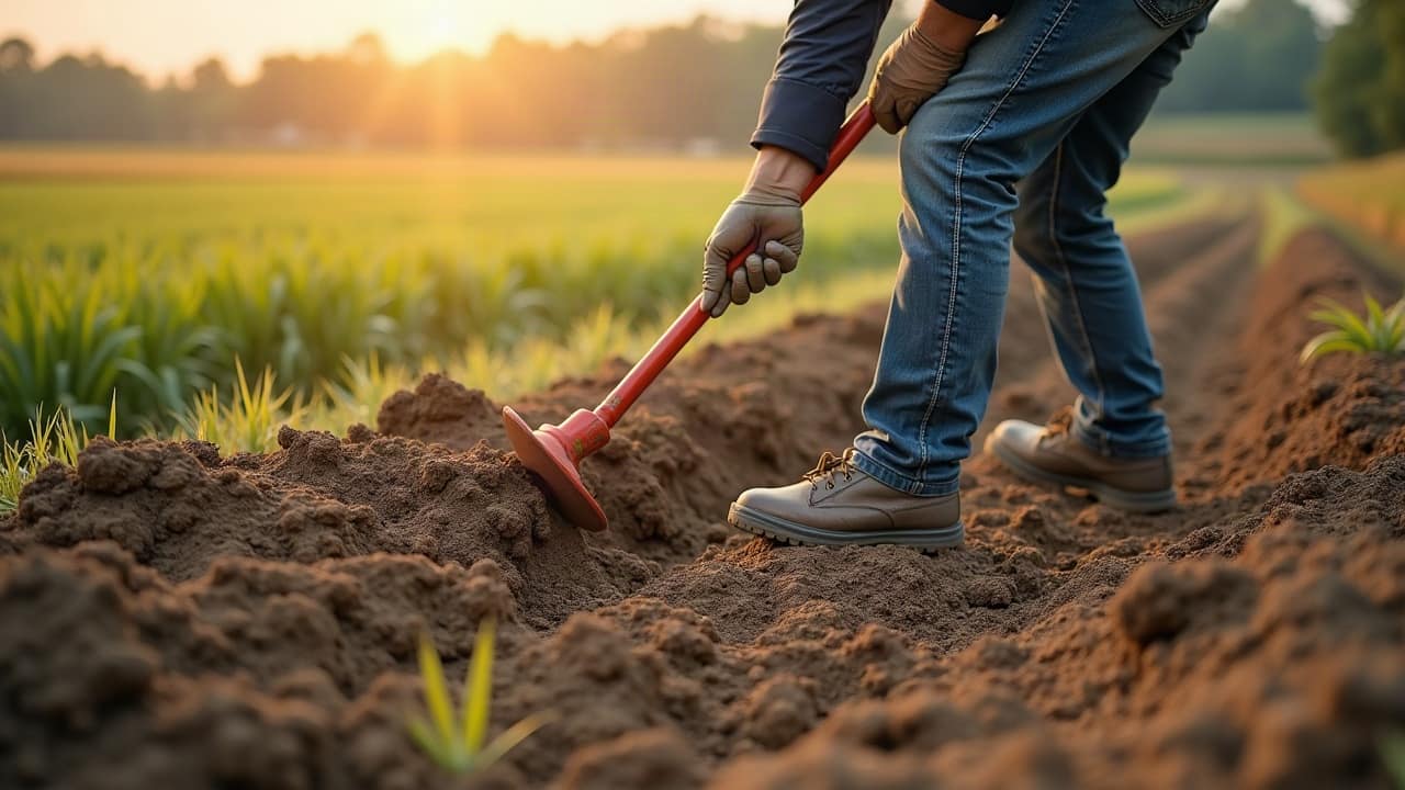 Une main referme la terre autour d'un ancien tronçon de drain exhumé, examiné avant de décider de sa conservation.
