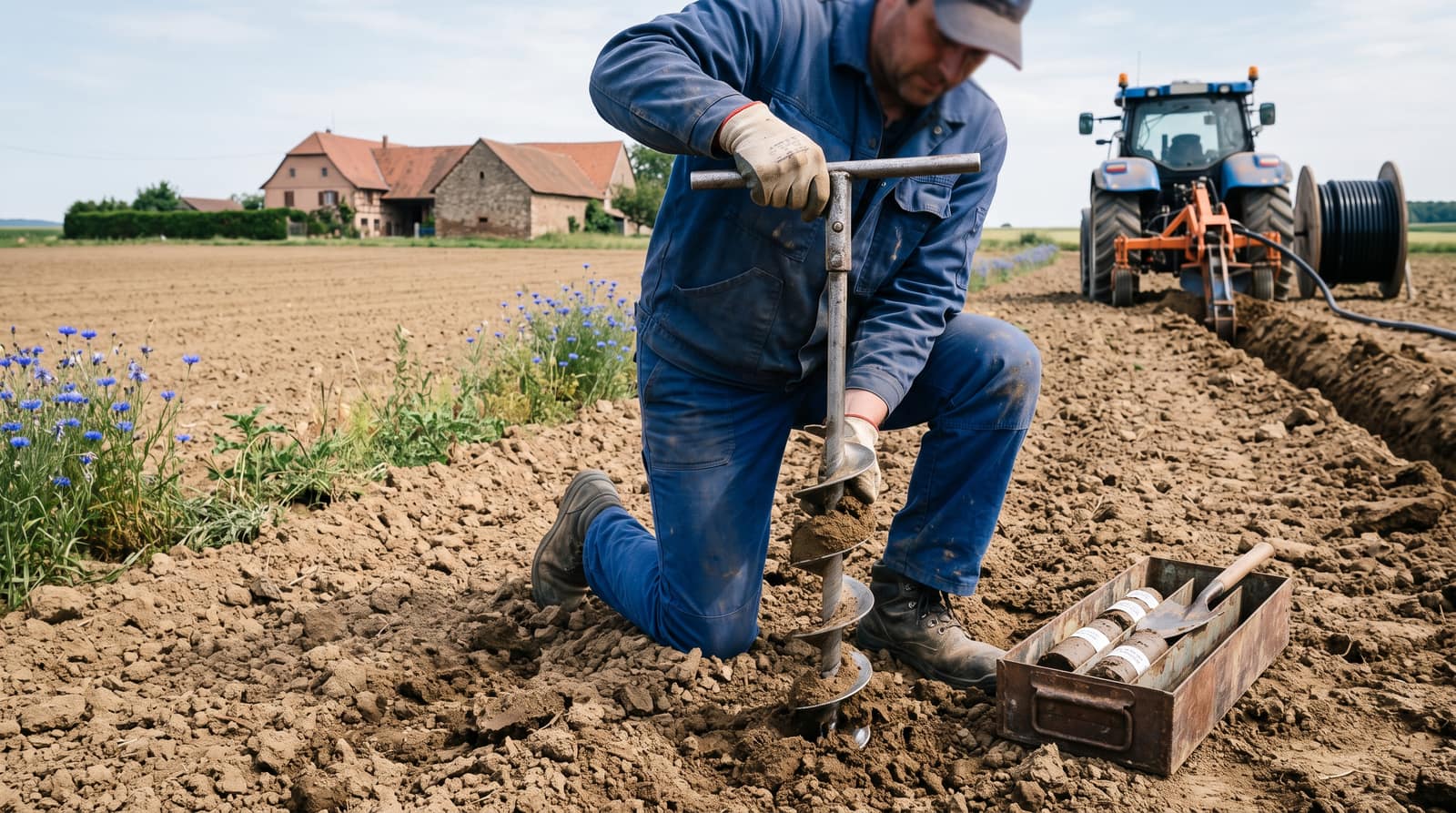 Tarière plantée dans le sol pour un premier prélèvement de terrain